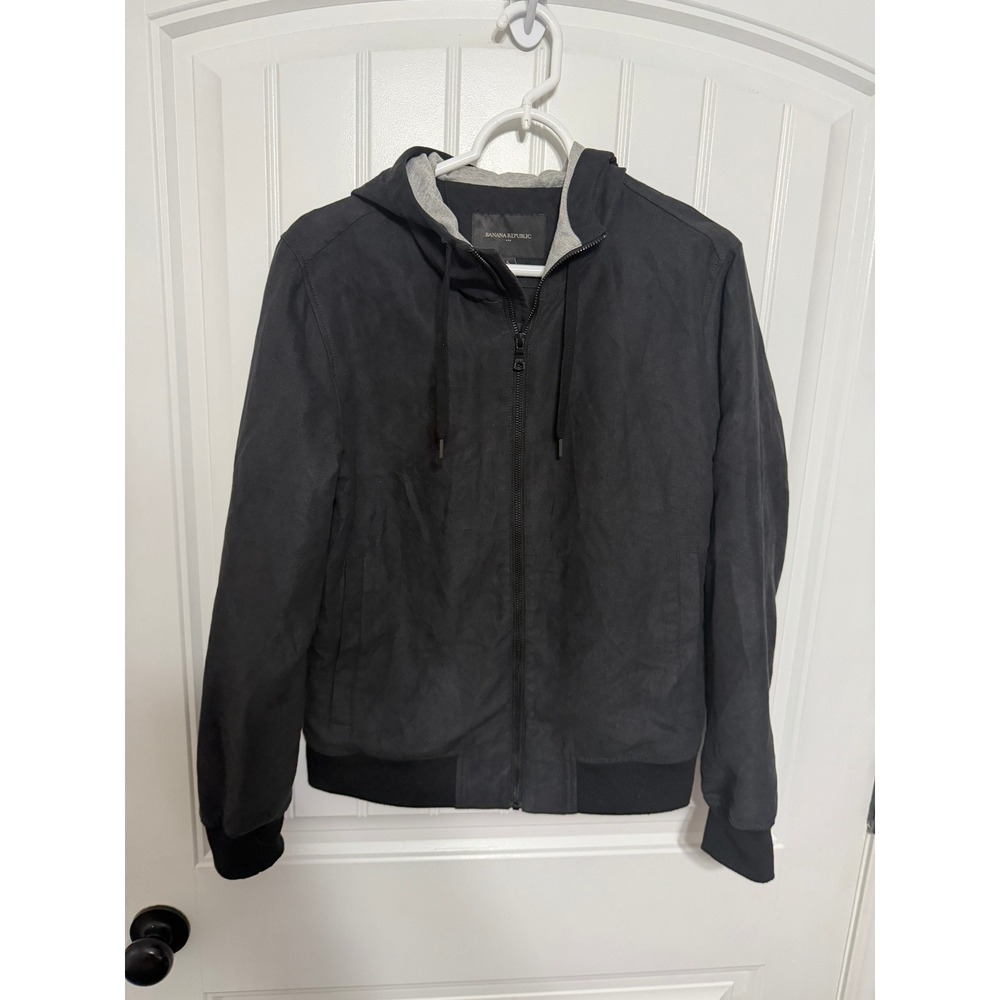 Banana Republic Jacket Mens S Bomber Vegan Suede Hooded Full Zip Black EUC